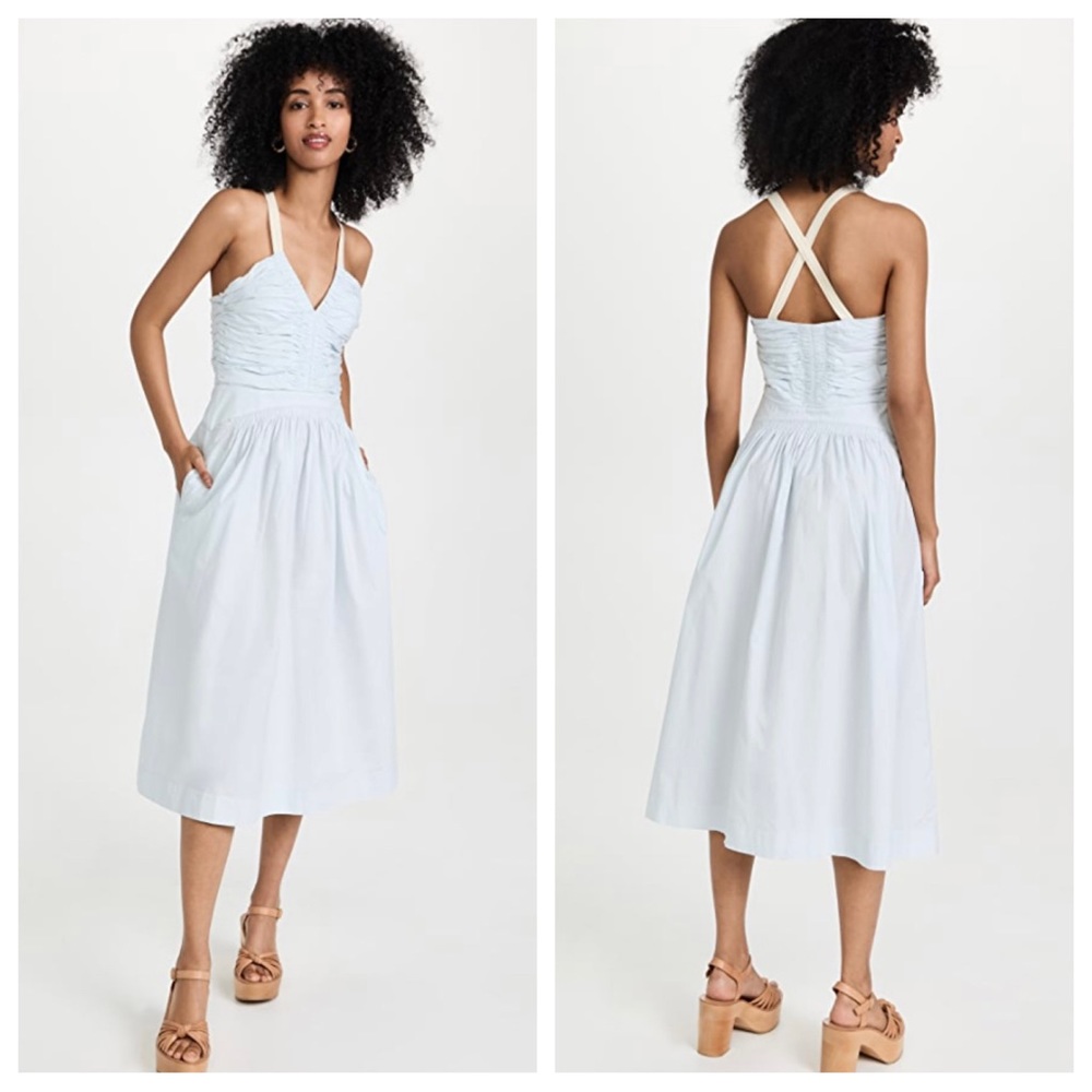 Ulla Johnson Laurelin Midi Dress Smocked Cotton Sea Glass Blue Womens 10